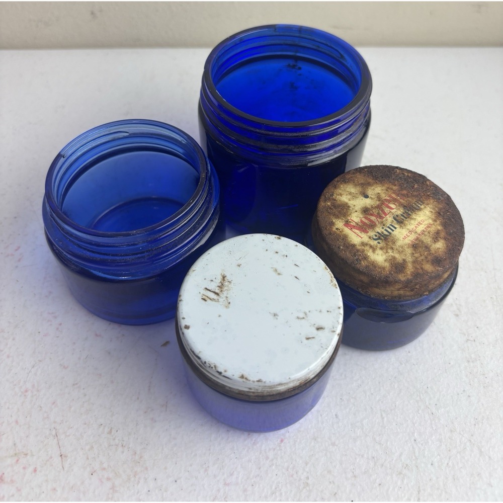 Vintage Noxzema Cobalt Blue Glass Jars Chip Free 2 Lids Embossed Bottoms
